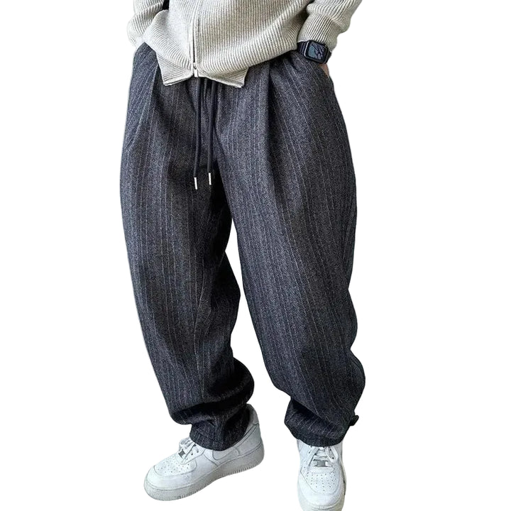 Men's Wide Leg Trousers with Drawstring Waistband and Vertical Stripe Pattern