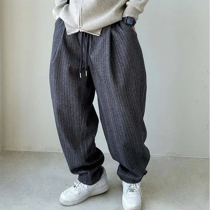 Men's Wide Leg Trousers with Drawstring Waistband and Vertical Stripe Pattern