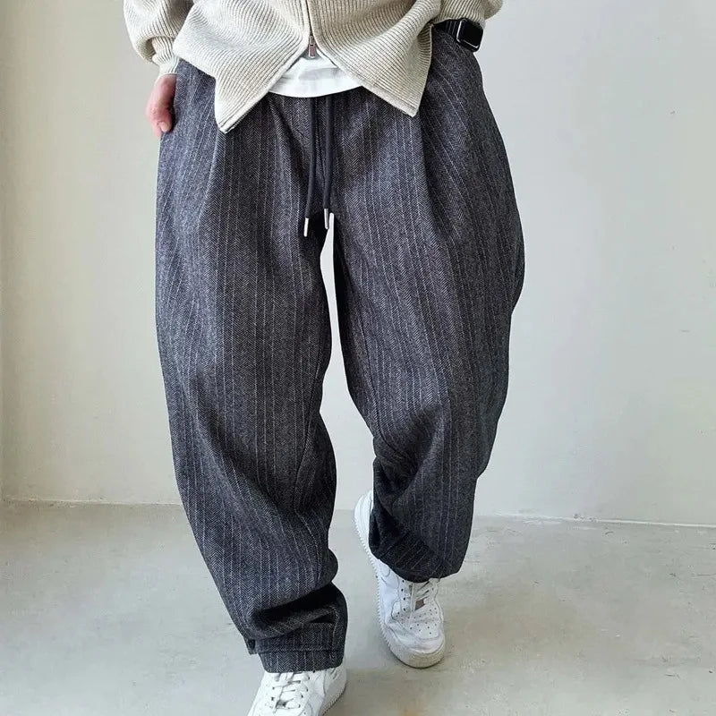 Men's Wide Leg Trousers with Drawstring Waistband and Vertical Stripe Pattern