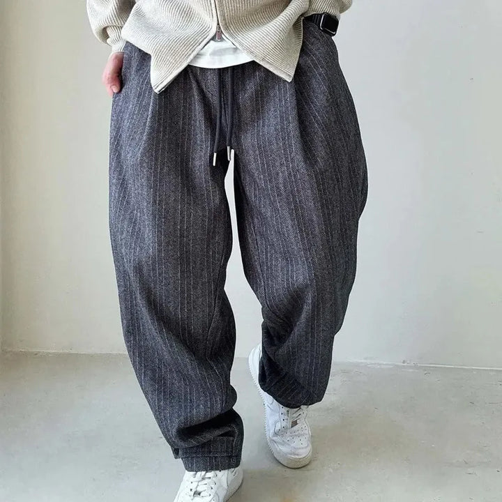 Men's Wide Leg Trousers with Drawstring Waistband and Vertical Stripe Pattern