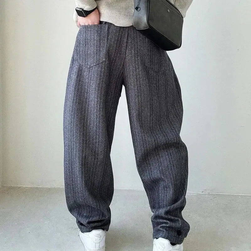 Men's Wide Leg Trousers with Drawstring Waistband and Vertical Stripe Pattern