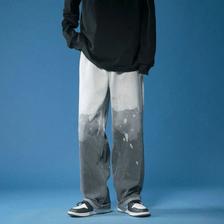 Men's Wide Leg Trousers with Gradient Fade Wash and Straight Hem