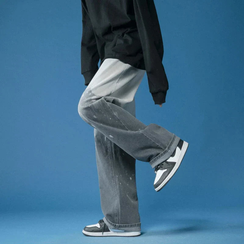 Men's Wide Leg Trousers with Gradient Fade Wash and Straight Hem
