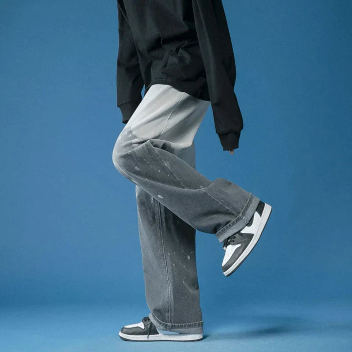 Men's Wide Leg Trousers with Gradient Fade Wash and Straight Hem