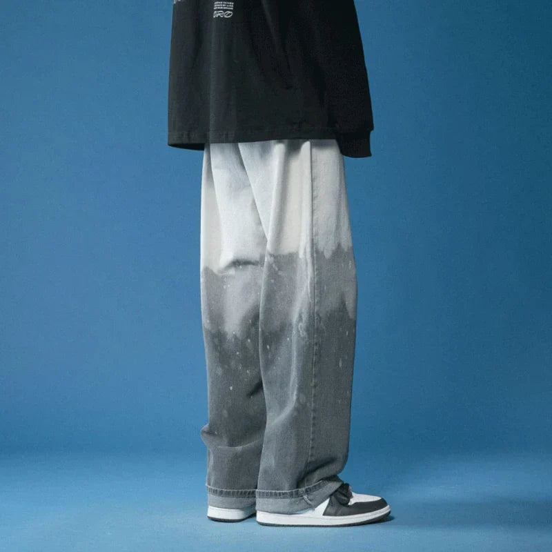Men's Wide Leg Trousers with Gradient Fade Wash and Straight Hem