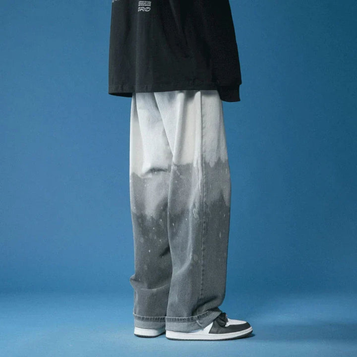 Men's Wide Leg Trousers with Gradient Fade Wash and Straight Hem