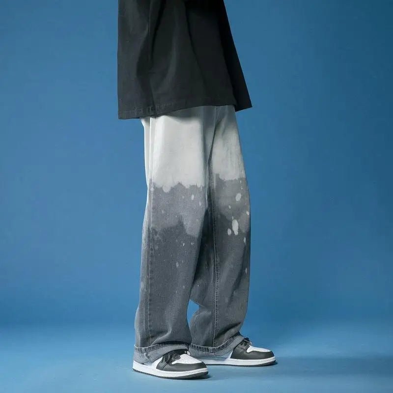 Men's Wide Leg Trousers with Gradient Fade Wash and Straight Hem