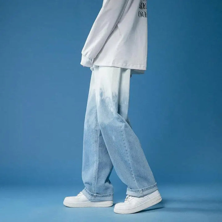Men's Wide Leg Trousers with Gradient Fade Wash and Straight Hem