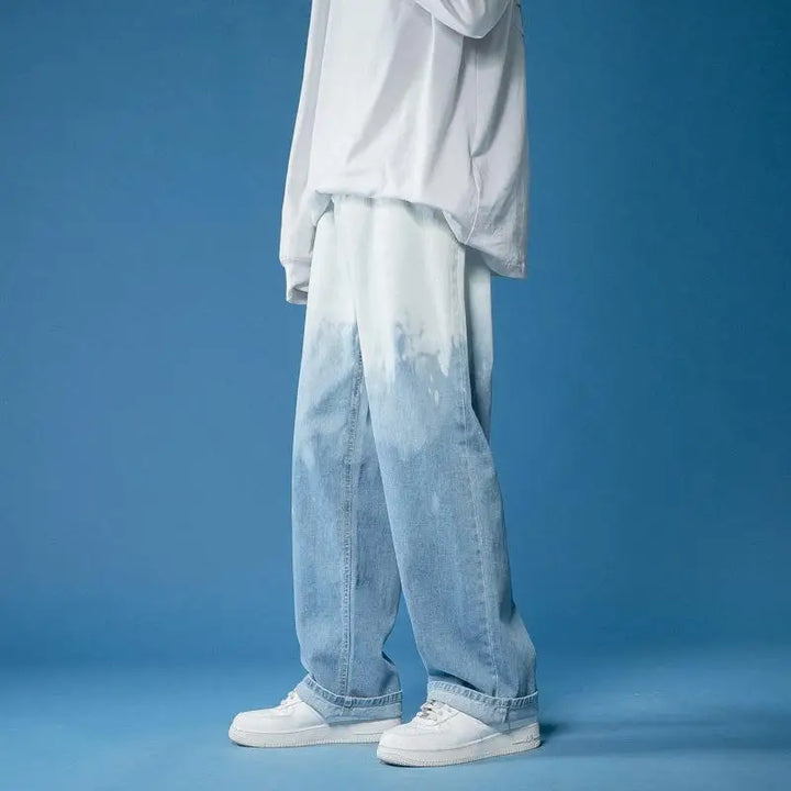 Men's Wide Leg Trousers with Gradient Fade Wash and Straight Hem