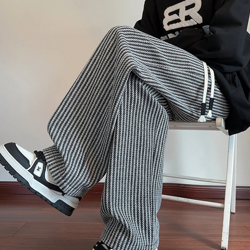 Men's Wide-Leg Trousers with Herringbone Pattern and Drawstring Waistband