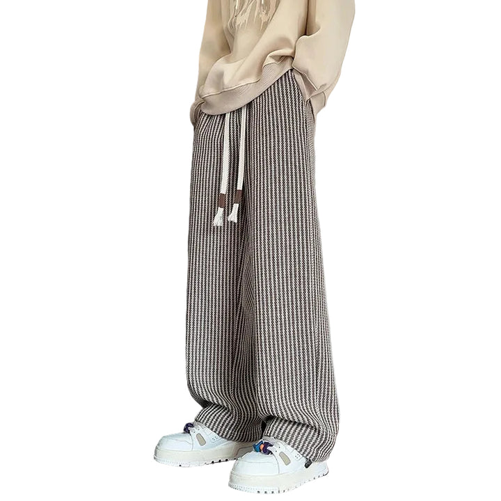 Men's Wide-Leg Trousers with Herringbone Pattern and Drawstring Waistband