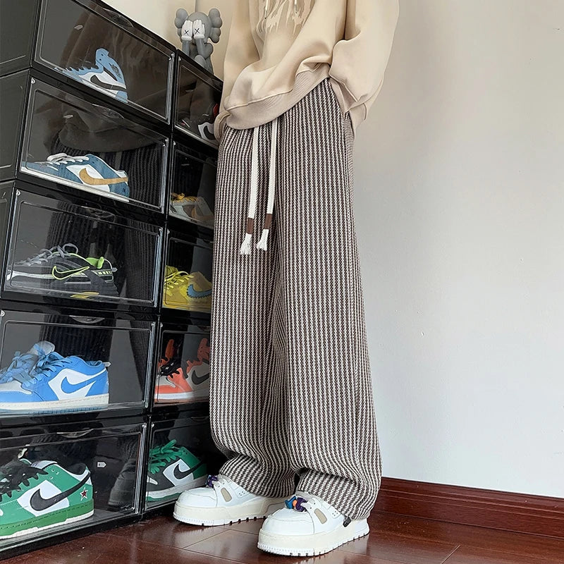 Men's Wide-Leg Trousers with Herringbone Pattern and Drawstring Waistband