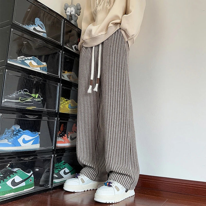 Men's Wide-Leg Trousers with Herringbone Pattern and Drawstring Waistband