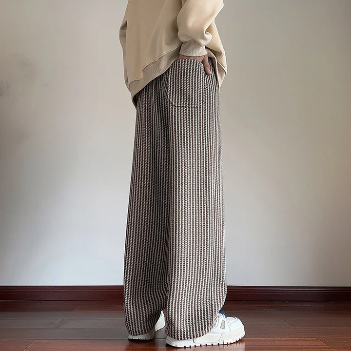 Men's Wide-Leg Trousers with Herringbone Pattern and Drawstring Waistband