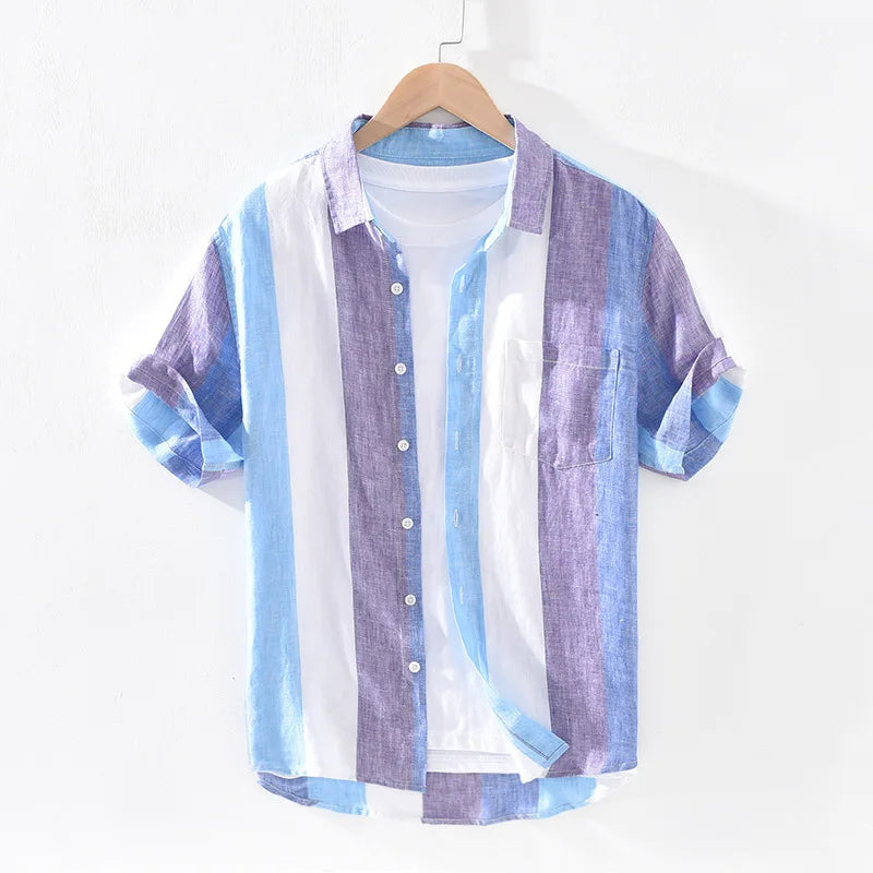 Men's Wide Vertical Stripe Short Sleeve Shirt with Button-Front Closure and Chest Pocket