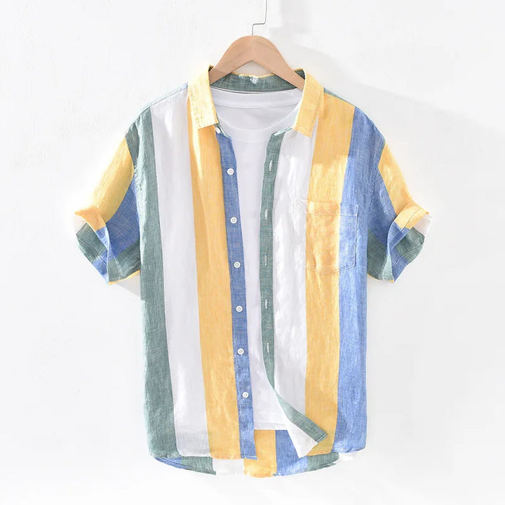 Men's Wide Vertical Stripe Short Sleeve Shirt with Button-Front Closure and Chest Pocket