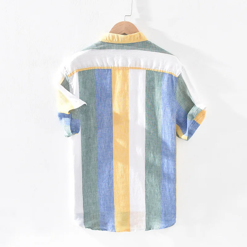 Men's Wide Vertical Stripe Short Sleeve Shirt with Button-Front Closure and Chest Pocket