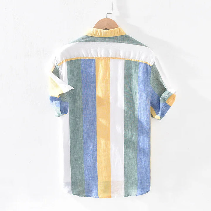 Men's Wide Vertical Stripe Short Sleeve Shirt with Button-Front Closure and Chest Pocket