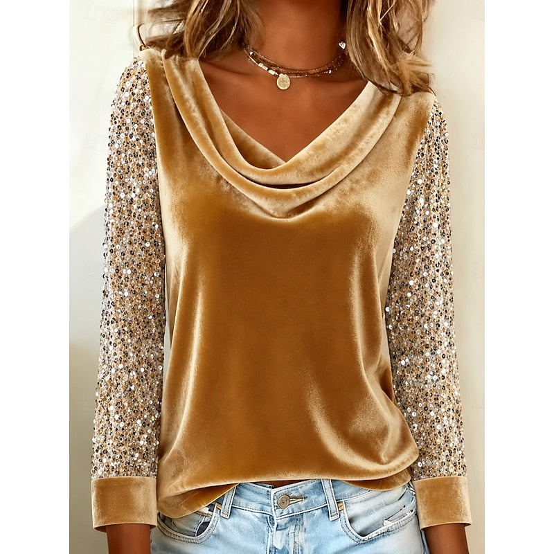 Marlene | Women's Top Cowl Neck Shimmer Sleeve Relaxed Fit Everyday Occasion Top