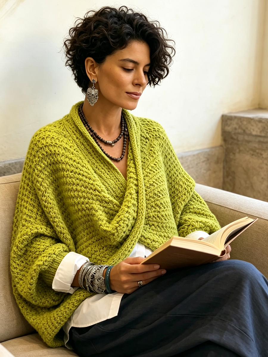 Woman wearing crossover V-neck batwing sleeve sweater