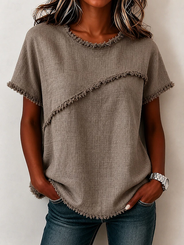 Wendy | Women's Top Frayed Trim Round Neck Short Sleeve Relaxed Fit Everyday Casual Top