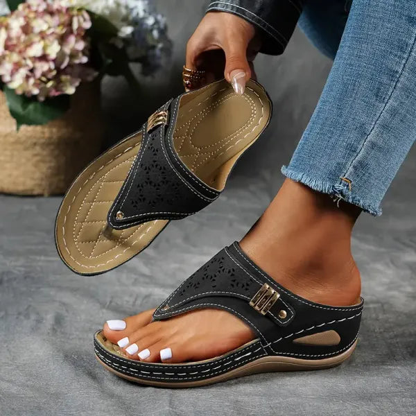 Mila | Women's Sandals Toe Post Laser Cut Contoured Footbed Summer Casual Sandals