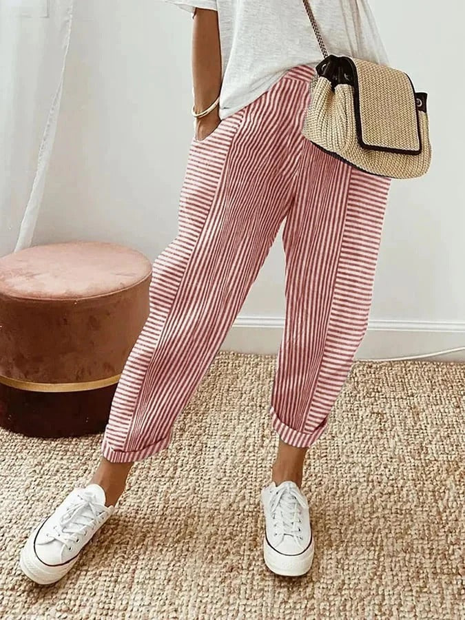 Delilah Women's Striped Tapered Trousers Elasticated Cuff Drawstring Casual Pants