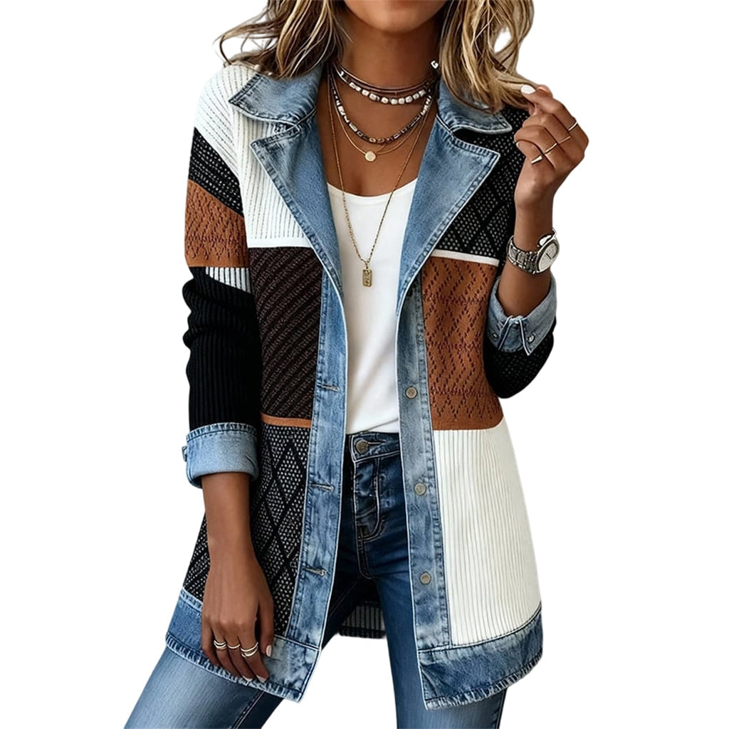 Woman wearing ribbed knit denim patchwork longline jacket