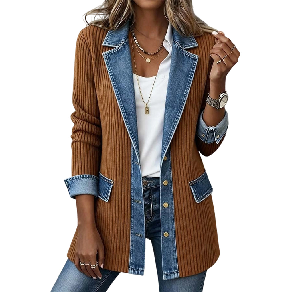 Woman wearing ribbed knit denim patchwork longline jacket