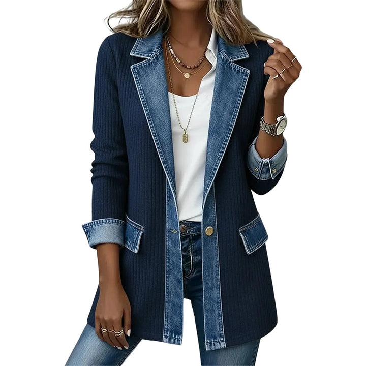 Woman wearing ribbed knit denim patchwork longline jacket