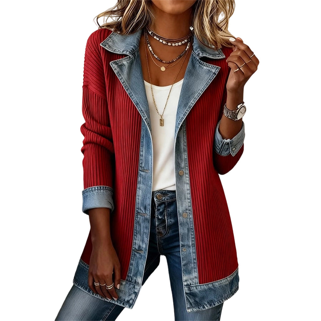Woman wearing ribbed knit denim patchwork longline jacket