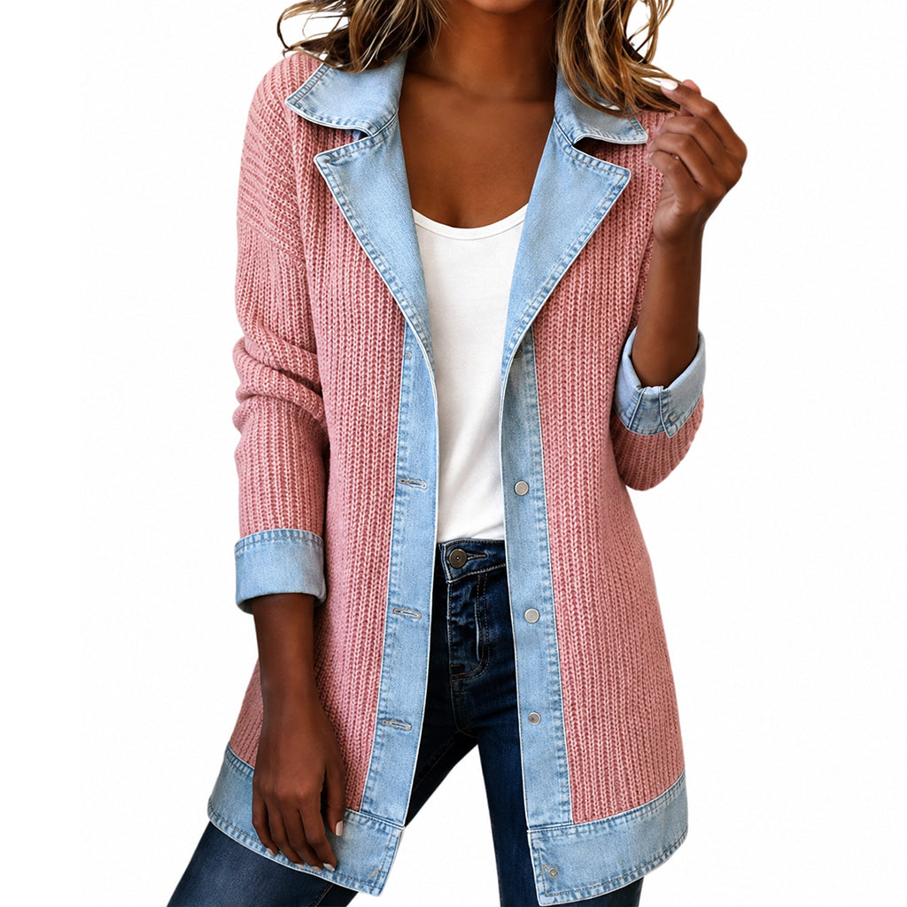 Woman wearing ribbed knit denim patchwork longline jacket