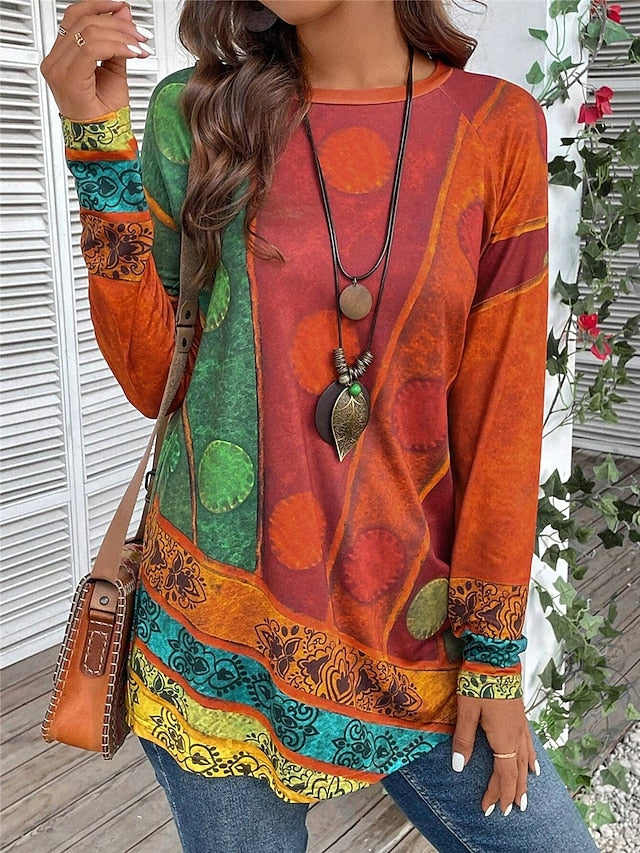 Rosalind | Women's Top Vintage Print Long Sleeve Relaxed Fit Everyday Casual Top