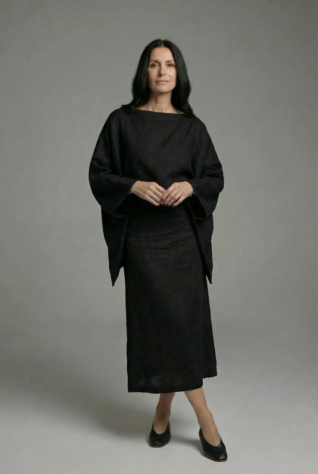 Women's Boat Neckline Midi Dress with Wide Kimono Sleeves and Gathered Waist