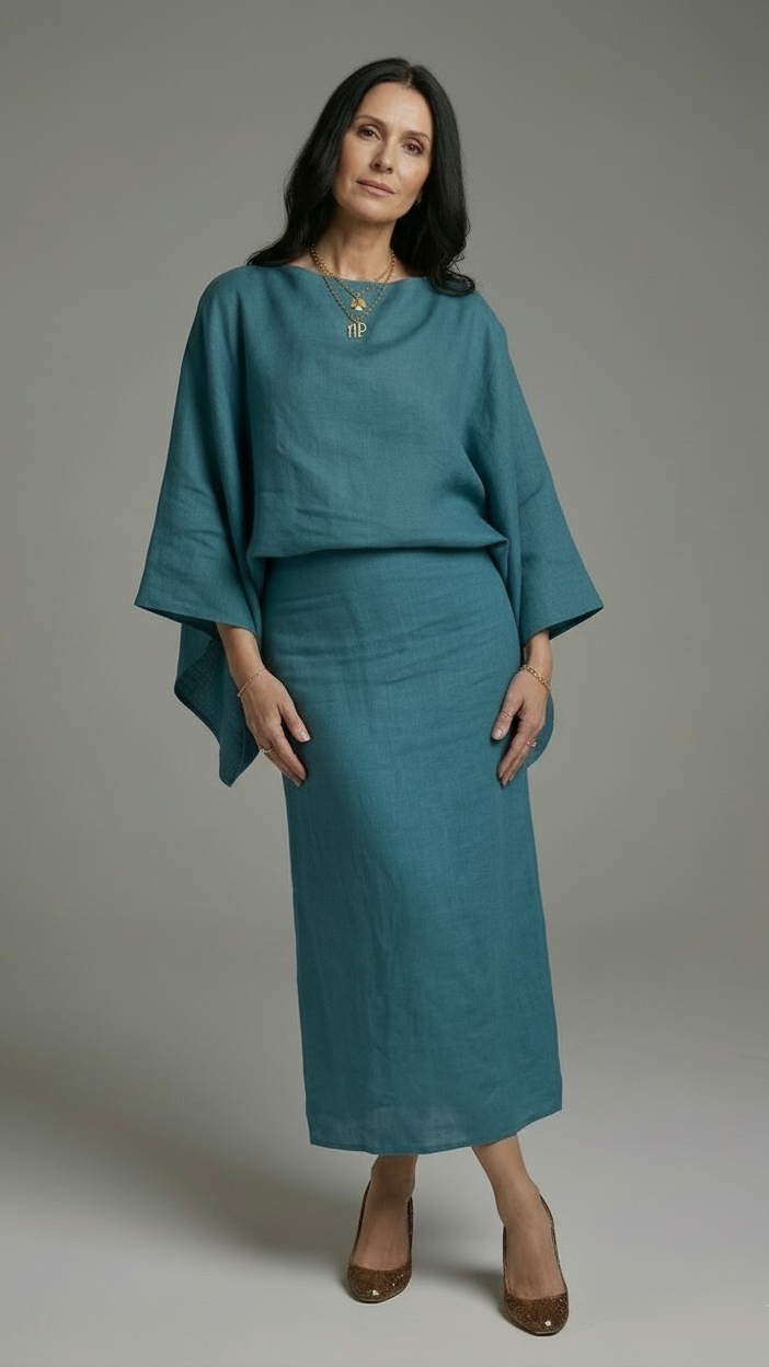 Women's Boat Neckline Midi Dress with Wide Kimono Sleeves and Gathered Waist