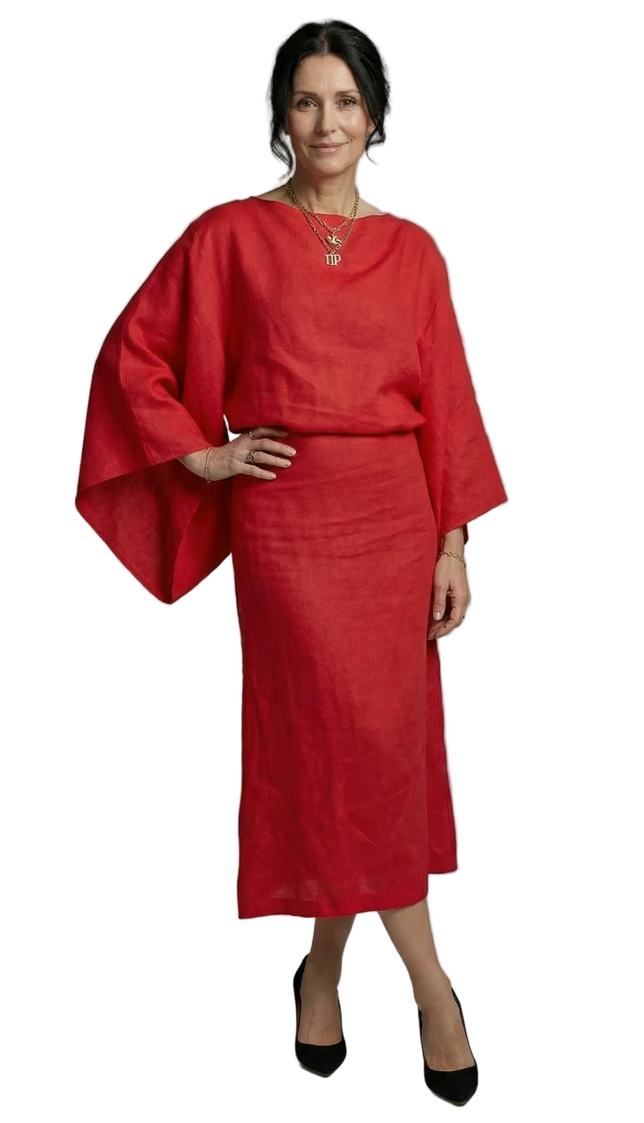 Women's Boat Neckline Midi Dress with Wide Kimono Sleeves and Gathered Waist