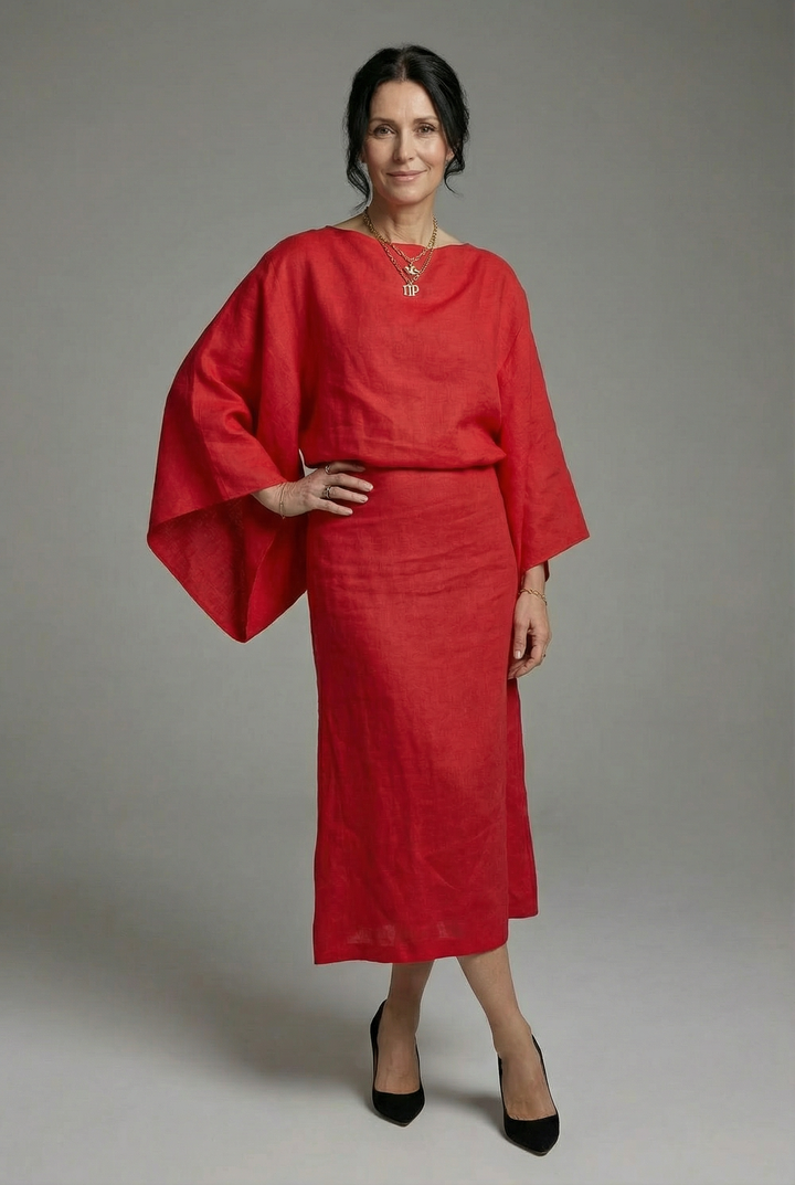 Women's Boat Neckline Midi Dress with Wide Kimono Sleeves and Gathered Waist