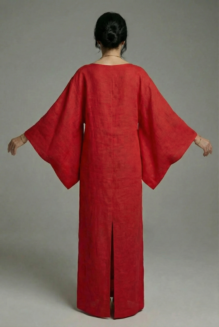 Women's Boat Neckline Midi Dress with Wide Kimono Sleeves and Gathered Waist