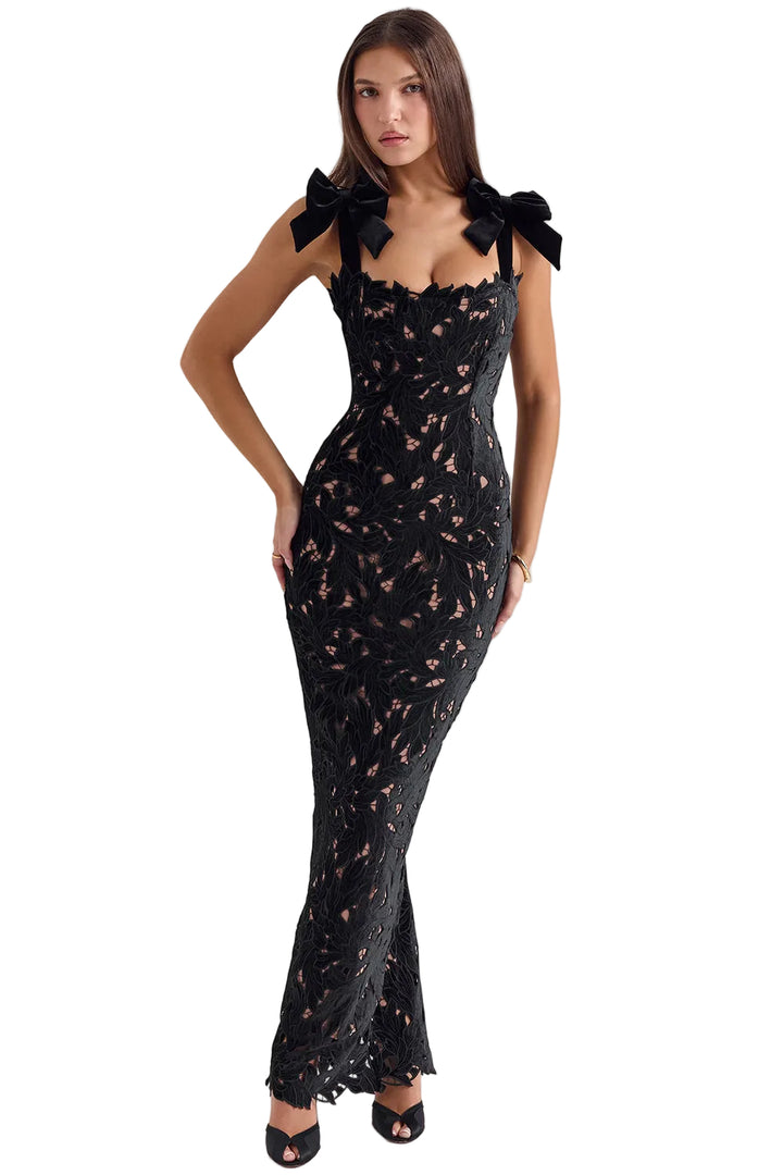 Women's Bow Strap Sweetheart Neckline Maxi Dress with Scalloped Edges and Open Pattern Overlay