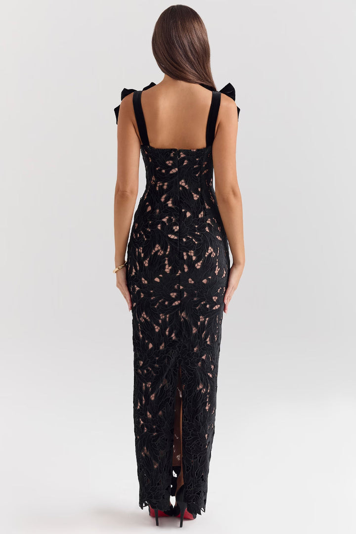 Women's Bow Strap Sweetheart Neckline Maxi Dress with Scalloped Edges and Open Pattern Overlay