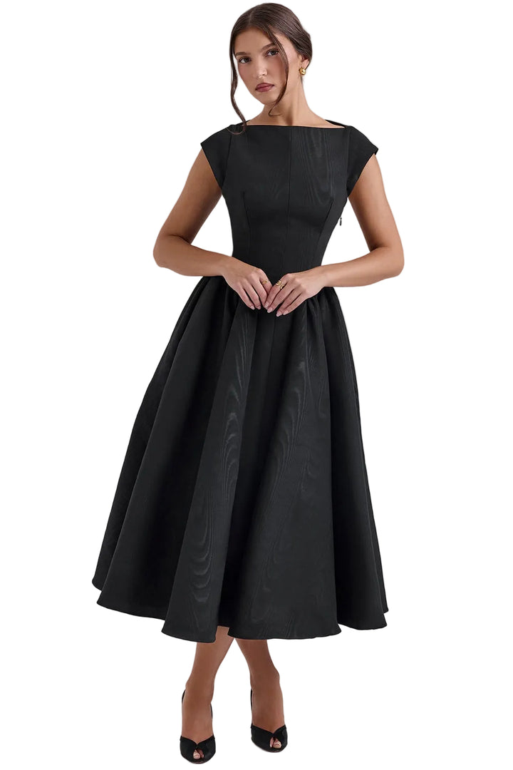 Women's Cap Sleeve Boat Neckline Midi Dress with Open Back and Full Gathered Skirt