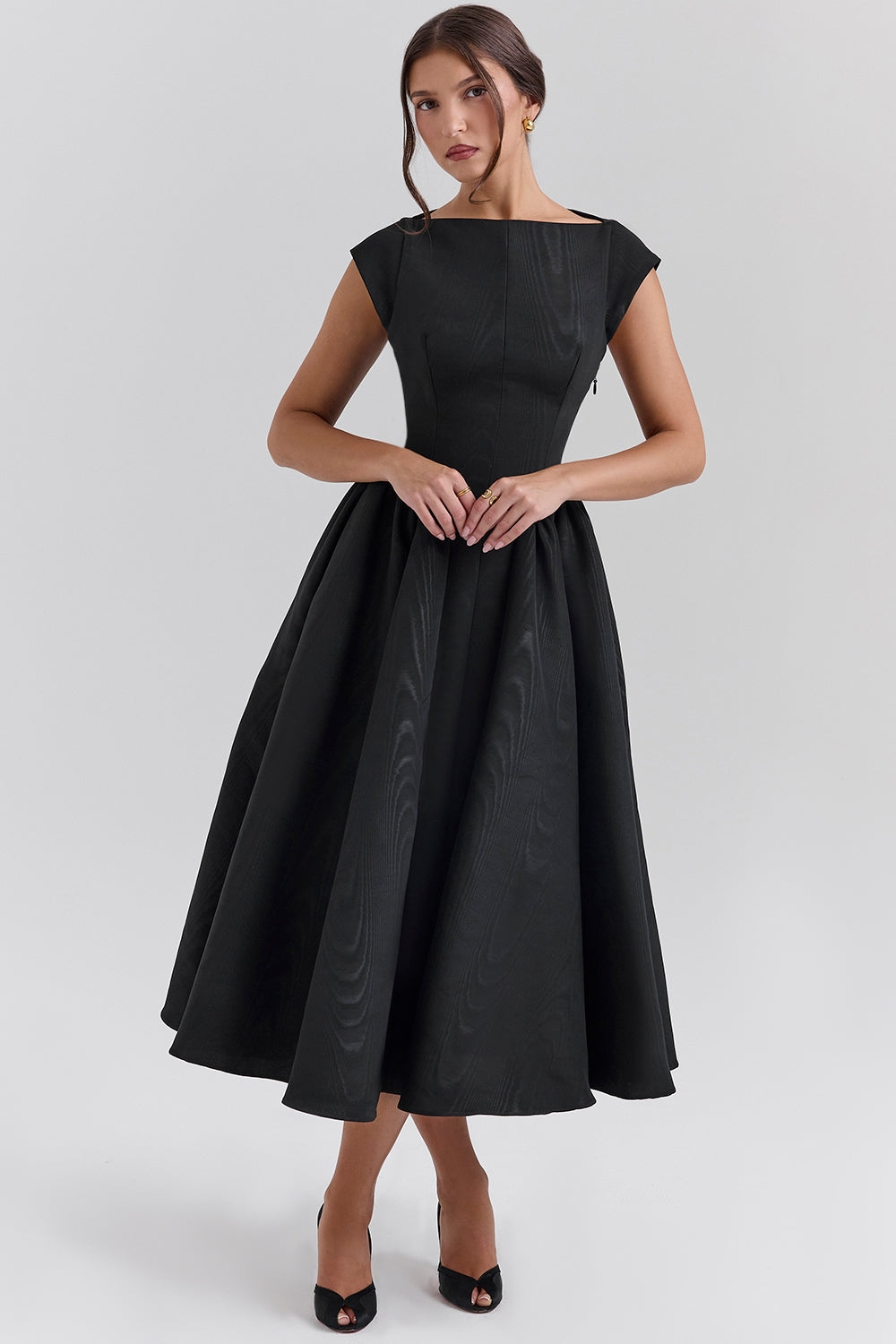 Women's Cap Sleeve Boat Neckline Midi Dress with Open Back and Full Gathered Skirt