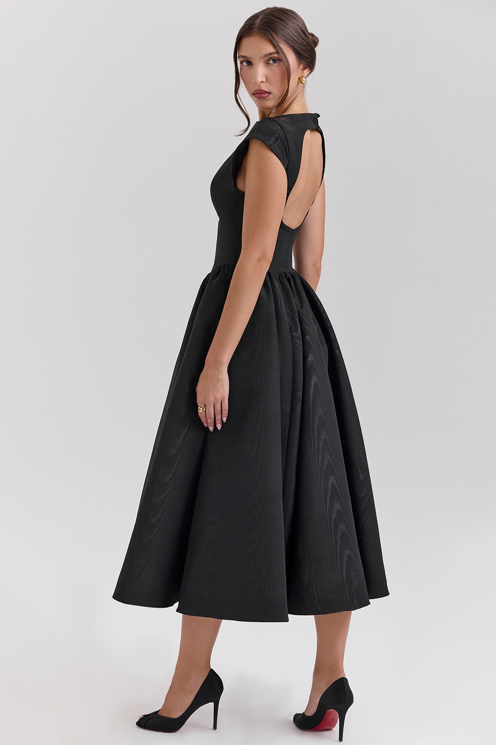 Women's Cap Sleeve Boat Neckline Midi Dress with Open Back and Full Gathered Skirt