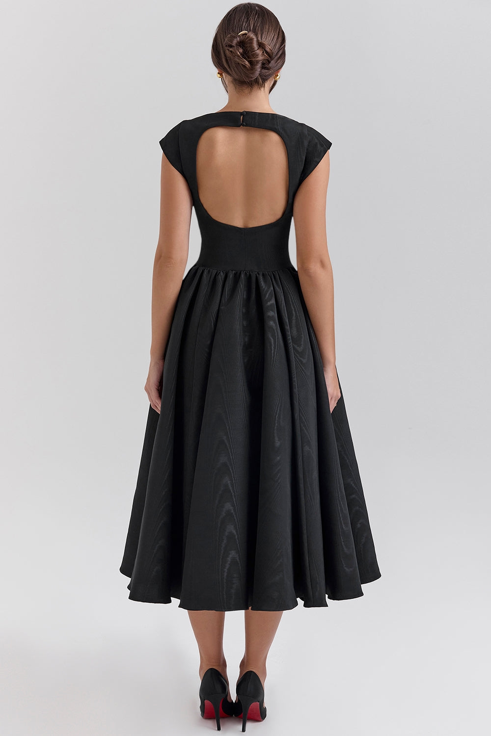 Women's Cap Sleeve Boat Neckline Midi Dress with Open Back and Full Gathered Skirt