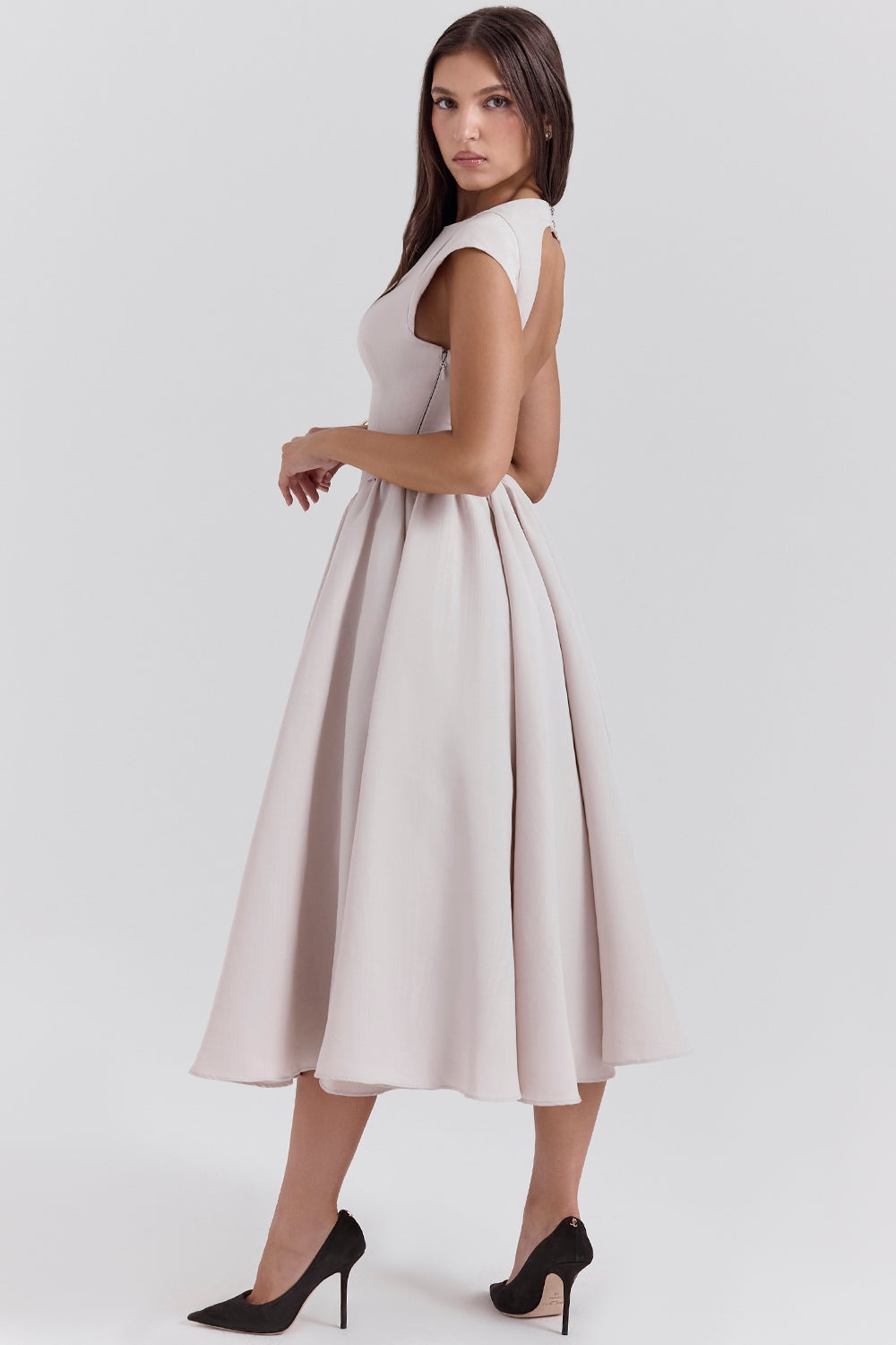 Women's Cap Sleeve Boat Neckline Midi Dress with Open Back and Full Gathered Skirt