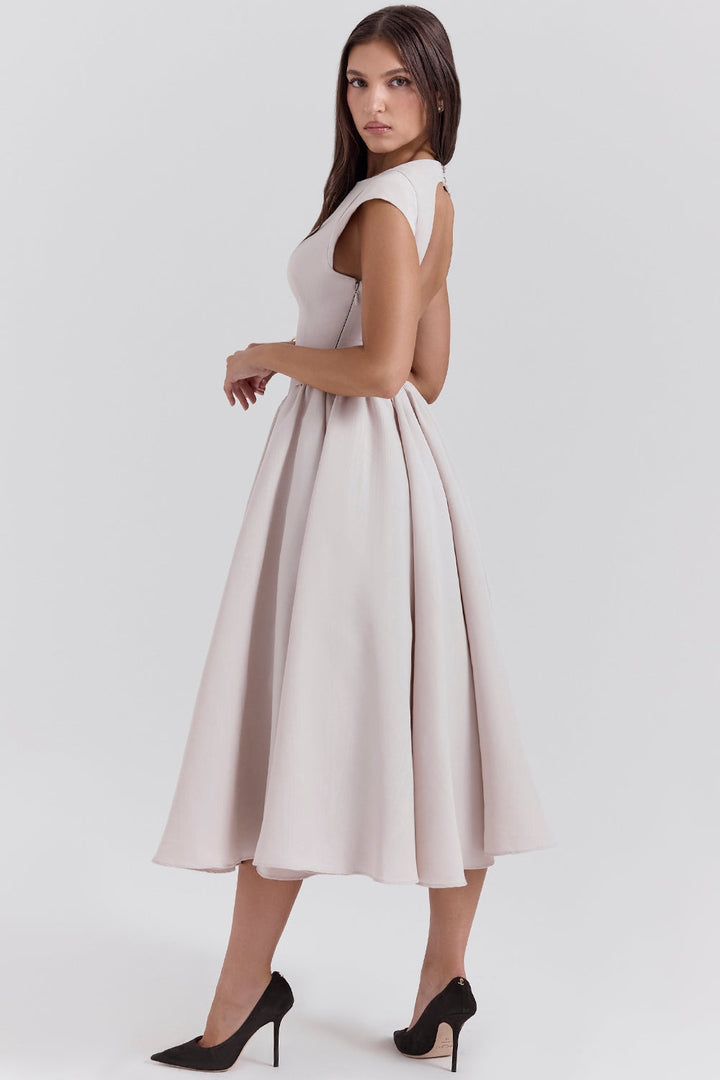 Women's Cap Sleeve Boat Neckline Midi Dress with Open Back and Full Gathered Skirt