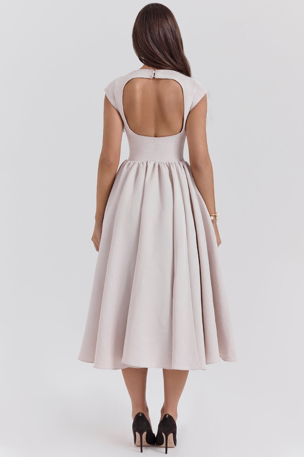 Women's Cap Sleeve Boat Neckline Midi Dress with Open Back and Full Gathered Skirt