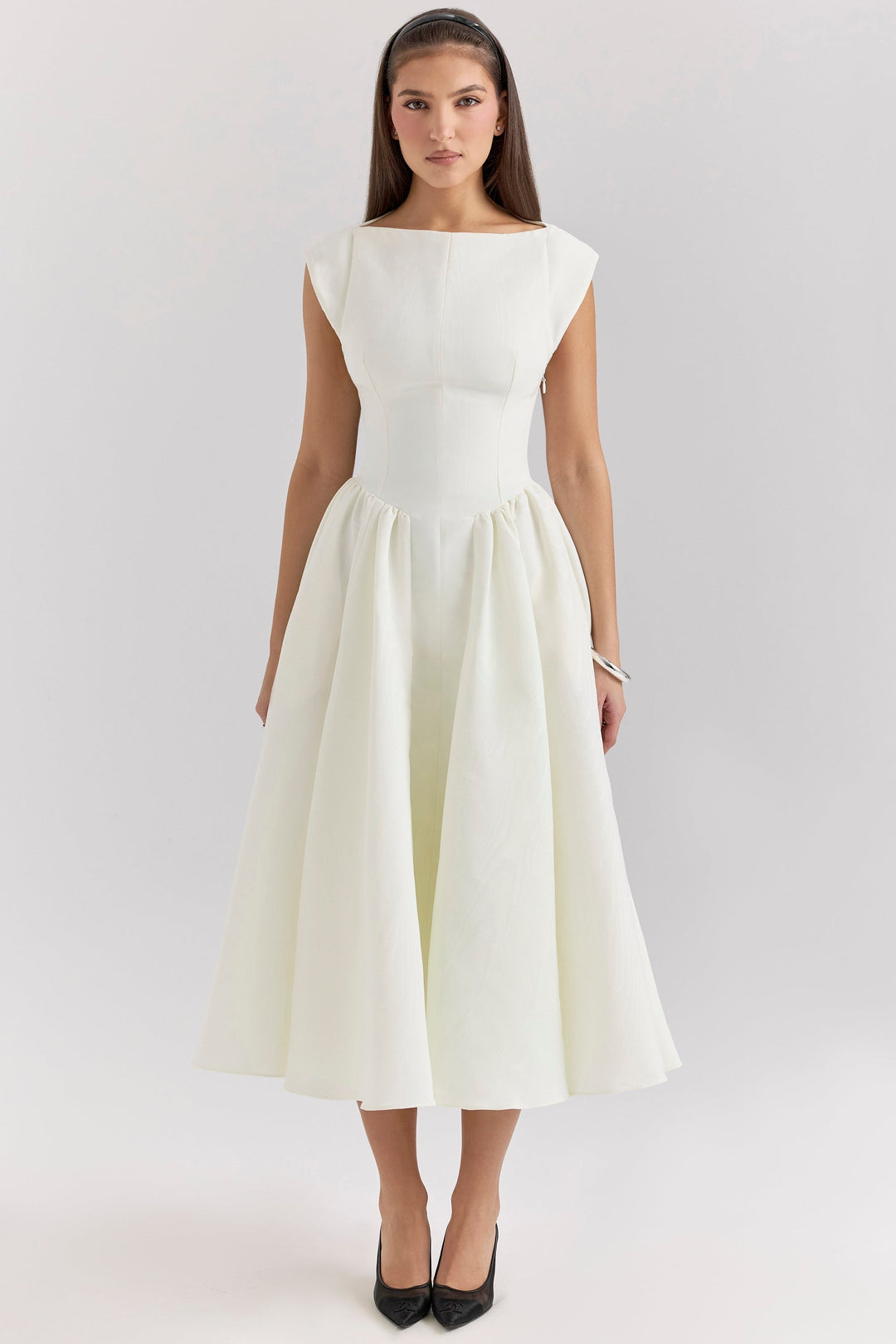 Women's Cap Sleeve Boat Neckline Midi Dress with Open Back and Full Gathered Skirt