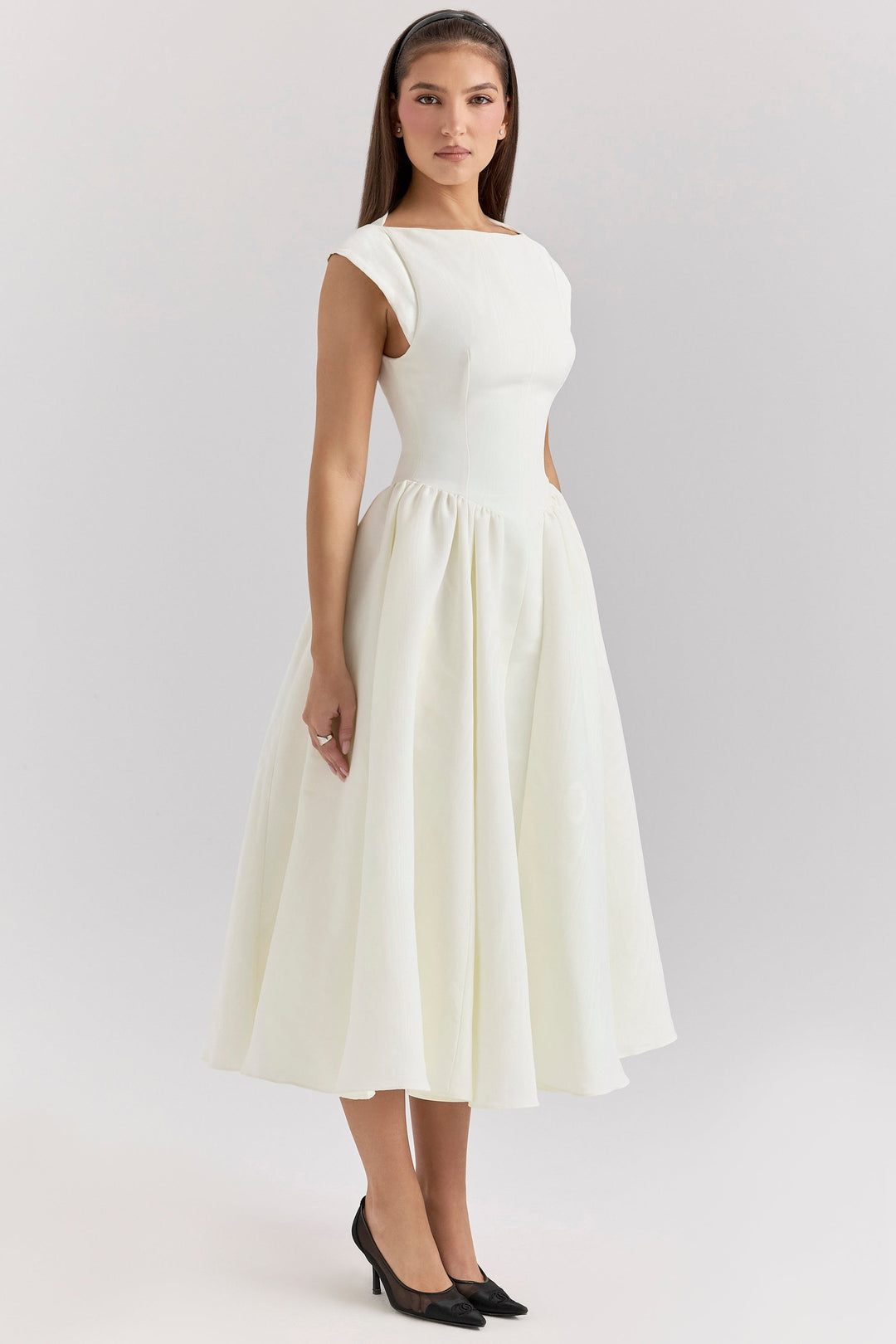 Women's Cap Sleeve Boat Neckline Midi Dress with Open Back and Full Gathered Skirt