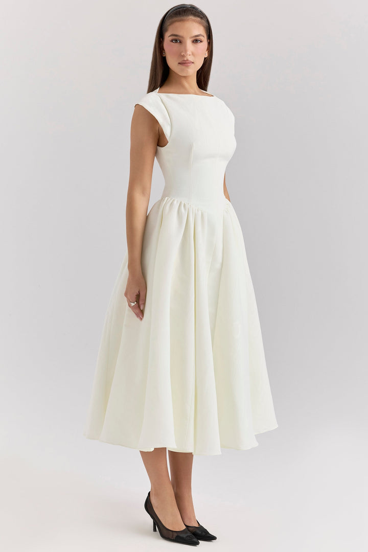 Women's Cap Sleeve Boat Neckline Midi Dress with Open Back and Full Gathered Skirt